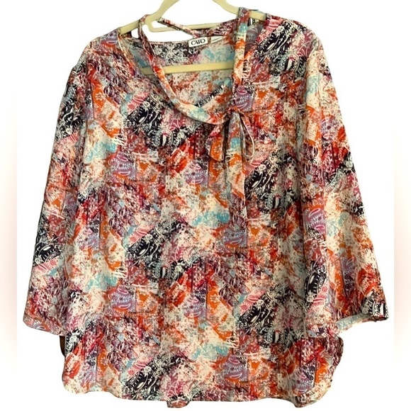 CATO Pink/Coral/Blue/Cream Mosaic Paisley Pattern Top w/Tie at Neck, Large, GUC. - Picture 1 of 8